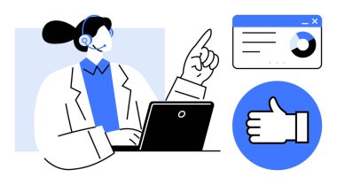 Kulaklık takan, dizüstü bilgisayarda çalışan ve baş parmak ikonunun yanındaki veri içgörüsünü gösteren kadın müşteri destek ajanı. Müşteri hizmetleri, takım çalışması, geri bildirim, eğitim, iletişim için ideal