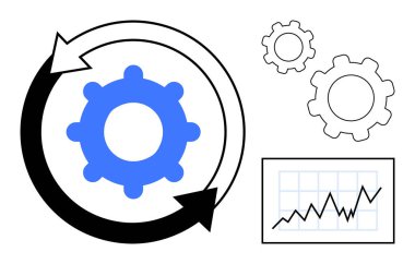 Dairesel işlemler, daha küçük vitesler ve büyüme grafiği için ilmekli oklar yerleştirin. Çalışma akışı, üretkenlik, iş stratejisi, büyüme, gelişme, takım çalışması için ideal basit iniş sayfası
