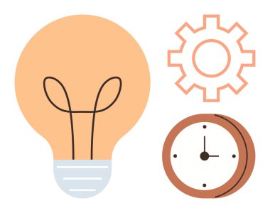 Yenilikçilik için ampul, süreci sembolize etmek için vites ve verimli zaman kullanımı için saat. Yaratıcılık, üretkenlik, yenilik, takım çalışması, proje planlaması, basit düz metafor beyin fırtınası için ideal
