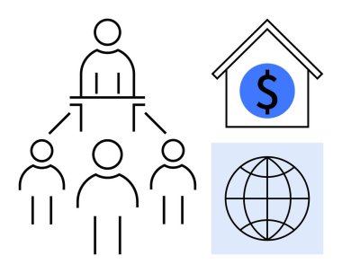 Takım üyelerini birbirine bağlayan liderlik yapısı, finansal odaklı ev ve küresel stratejiyi sembolize eden dünya. İş yapısı, finans, takım çalışması, liderlik, küreselleşme ve strateji için ideal