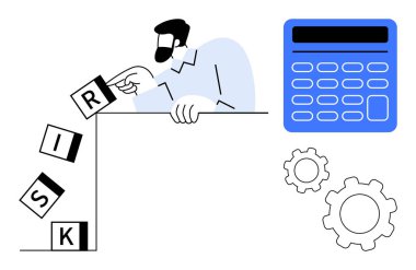 RISK, mavi hesap makinesi ve planlama, analiz ve yönetimi temsil eden vites simgelerini kontrol eden adam. Finans, strateji, risk, sorun çözme iş planlaması için ideal