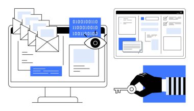 E- posta ve ikili kodlu bilgisayar ekranı, veri izleme için göz, el ele tutuşma anahtarı, güvenli tarayıcı sekmesi. Siber güvenlik, veri koruması, hack önleme, gizlilik, şifreleme için ideal