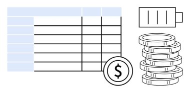 Hesap tablosu, dolar sembolü, para yığını, akü ikonu finans, enerji, tasarruf, bütçe, veri analizi ve verimliliği sembolize ediyor. İş planlama ve basit bir daire için ideal.