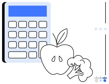 Elma ve brokolinin yanında dengeli beslenme, beslenme yönetimi ve yiyecek takibini vurgulayan hesap makinesi. Sağlık, diyet planlaması, sağlık, eğitim, fitness hedefleri, bütçe ve sağlık için ideal