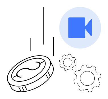 Çarkların ve video elementlerinin yakınına düşen para teknoloji, otomasyon, finans ve içerik oluşumunu sembolize ediyor. Fintech, medya, üretkenlik araçları, pazarlama yeniliği için ideal