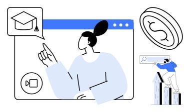 Ekranda sanal öğrenim yapan bir kadın, mezuniyet şapkası simgesi, bozuk para sembolü, bar grafiğini arayan bir adam. Elkazanımcılık, bilgi, finans, ilerleme, büyüme araştırmaları için ideal basit düz metafor