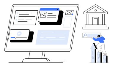 Çoklu içerik pencerelerini gösteren bilgisayar ekranı, arama çubuğu, finansal yapı simgesi ve arama aracı ile etkileşim halinde olan adam. Teknoloji, üretkenlik, eğitim, araştırma ve finans için ideal