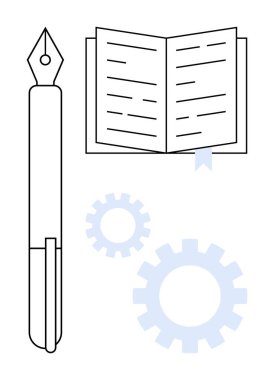 Dolma kalem, kitap ayraclı açık kitap ve basit bir düz metaforda yazmayı, öğrenmeyi, yaratıcılığı, verimliliği, işbirliğini, yeniliği ve işlem yönetimini sembolize eden iki vites.