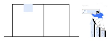 Çubuk grafikte duran adam elinde büyüteç tutan binalar, keşfi, araştırmayı, analitiği, büyümeyi sembolize ediyor. İş için ideal, yenilik, ilerleme, hedef belirleme stratejisi içgörüleri