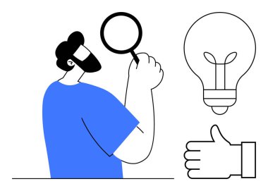 Elinde büyüteç tutan adam ampul ve işaret ile vurgulanmış fikirleri inceliyor. Yenilik için ideal, problem çözme, yaratıcılık, içgörü, araştırma, beyin fırtınası, basit iniş sayfası