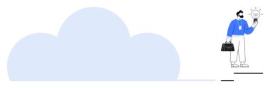 Evrak çantalı bir iş adamı büyük bir bulutun yanında parlak bir ampul tutuyor. Teknoloji, yenilik, girişimcilik, bulut depolama, yaratıcılık, çözümler ve strateji için idealdir. Basit düz