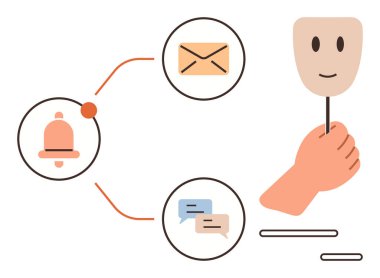 Bildirimler, e-posta, mesajlaşma konuşmaları. Elle tutulan gülen yüz maskesiyle bağlantılı. Kişisel markalaşma, sosyal medya etkileşimi, anonimlik, iletişim, kimlik, bağlantı için ideal