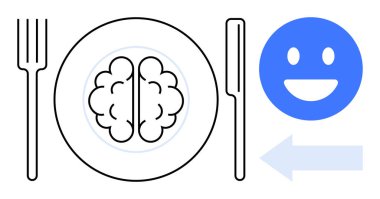 Çatal, bıçak, gülen yüz duygusu ve ok sembolüyle bir yemek tabağına yerleştirilmiş beyin. Ruh sağlığı, kendine bakım, beslenme, farkındalık, verimlilik için ideal basit iniş sayfası