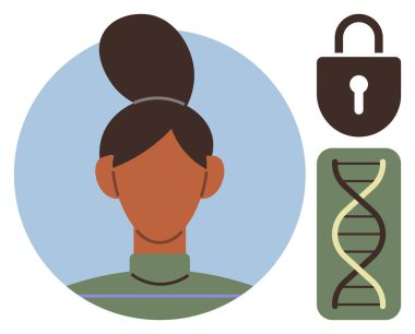 Saç topuzu, mavi daire şeklinde çerçevelenmiş kadın profili, asma kilit ve DNA ipliğinin yanında. Gizlilik, güvenlik, genetik, kimlik koruması, biyometri, teknoloji veri bilimi için ideal. Basit düz