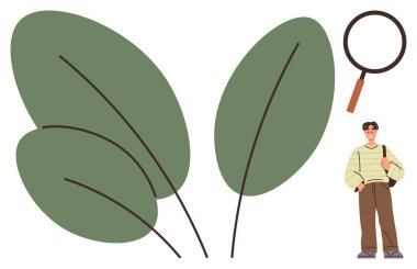 Genç bir adam, büyük yeşil yaprakların yanında büyüteç tutuyor. Keşif ve ekolojik odağı temsil ediyor. Sürdürülebilirlik, araştırma, eğitim, doğa, bilim, keşif için ideal, minimal daire