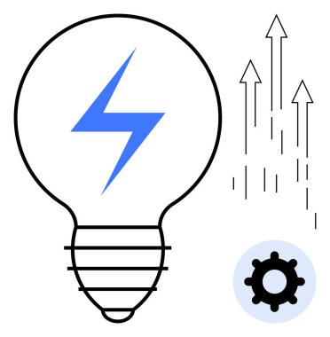 Mavi yıldırımlı ampul, yukarı doğru çıkan oklar ilerlemeyi temsil ediyor ve verimliliği simgeliyor. Yenilik, enerji, büyüme, yaratıcılık, teknoloji ve verimlilik için ideal