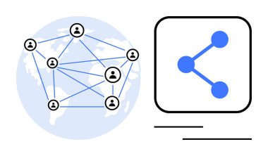 Birbirine bağlı kullanıcı simgelerine ve takım çalışması, ağ oluşturma ve bilgi paylaşımına ilişkin sembol paylaşımına sahip küresel harita. Sosyal bağlantı, iletişim, dijital ağ, sistem için ideal