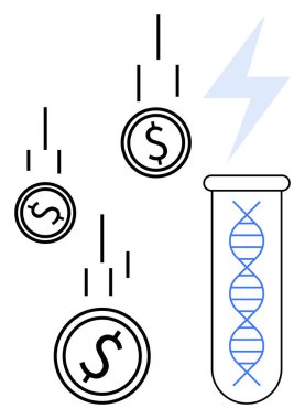 Bir test tüpünün yanına düşen bozuk paralar DNA ipliği ve yıldırımlar gösteriyor. Biyoteknoloji, yenilik, yatırım, bilim fonu, teknoloji, sağlık araştırmaları için ideal, basit düz metafor