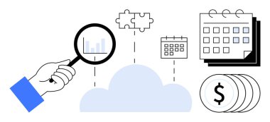 Buluttan önce el büyütme, çözümleri temsil eden bulmaca, takvim gösterme programı ve maddi başarıyı simgeleyen dolar sikkeleri. Veri analizi, işbirliği ve bulut için ideal