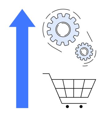 Oklar büyümeyi gösteriyor, vitesler alışveriş arabasının üstündeki otomasyonu simgeliyor. E-ticaret, iş, otomasyon, teknoloji, yenilik, online alışveriş için ideal. Basit düz metafor