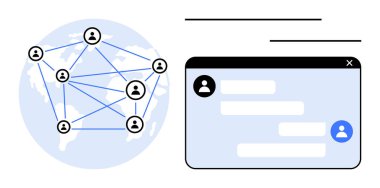 Birbirine bağlı kullanıcı simgeleri ve mesajlaşma arayüzü olan, sohbet baloncukları, bağlantı ve iletişim akışı gösteren dünya. Ağ oluşturma, işbirliği, iletişim, sohbet platformları ve dijital için ideal