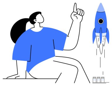 Roket fırlatılırken yukarı doğru hareket eden bir kadın, gelişmeyi temsil ediyor. Yenilik, başarı, ilham, takım çalışması, yeni fikirler, iş büyümesi ve başarı temaları için ideal. Basit düz metafor
