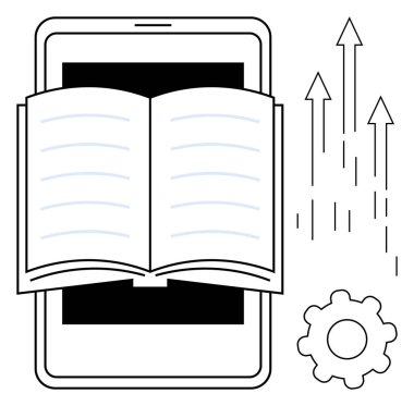 Akıllı telefonun üzerine yerleştirilmiş açık kitap, teknolojiyi sembolize eden teçhizat, büyümeyi ve ilerlemeyi gösteren oklar. Eğitim, e-öğrenim, ilerleme, teknoloji benimsenmesi, bilgi paylaşımı, ilerleme için ideal
