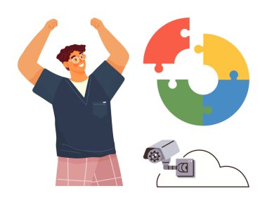 Mutlu adam kollarını kaldırıyor, renkli yapboz parçaları işbirliğini, güvenlik kamerasını ve bulut simgesini temsil ediyor teknoloji, takım çalışması, izleme, yenilik, veri paylaşımı, strateji basit