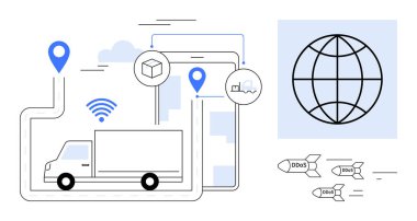 Yön bulma yolunda nakliye kamyonu, kablosuz sensör simgeleri, dünya, siber saldırı görüntüleri. Lojistik, ulaşım, siber güvenlik, IOT, küresel bağlantı riski yönetimi modern teknoloji için ideal