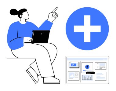 Kadın dizüstü bilgisayar, analitik analizli dijital panel ve belirgin bir artı işareti kullanırken işaret ediyor. Takım çalışması, yenilik, üretkenlik, teknoloji, eğitim, strateji ve sağlık konuları için ideal