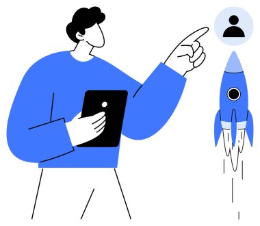 Roket fırlatılışının yanında elinde bir tablet tutan kişi bir kullanıcı avatarını işaret ediyor. Yenilik, liderlik, girişim geliştirme, büyüme, adam toplama, vizyon, tasarım düşünme için idealdir. Basit düz metafor