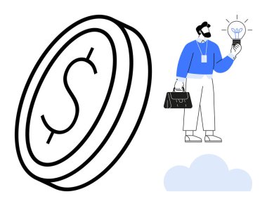 Çantalı ve ampullü bir iş adamı, para yerine yenilikçi fikirleri temsil ediyor. Girişimcilik, finans, yaratıcılık, büyüme stratejisi, yatırım, iş çözümleri için ideal