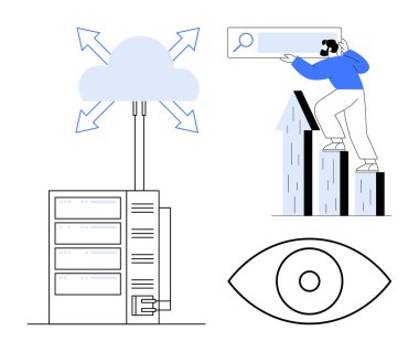 Sunuculu bulut ağı, yükselen çubuk grafiğinin üstündeki arama çubuğu analizi ve soyut göz konsepti. Bulut hesaplama, veri analizi, gelecekteki görme, büyüme, bağlantı ve izleme için ideal