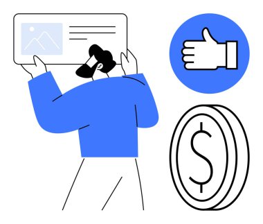 Elinde belge tutan adam, onay çemberi ve para ikonu. İş, finans, onay, pazarlama, girişimcilik, takım çalışması, basit iniş sayfası için ideal