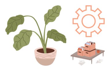 Turuncu dişli taslak yanında saksı bitkisi ve bir masanın üzerinde dokümanlarla dolu depolama kutuları. Üretkenlik, organizasyon, yaratıcılık, iş hayatı dengesi, modern ofis, sürdürülebilirlik için ideal