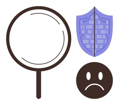Büyüteç, ikili kod ve üzgün bir yüz gösteren dijital bir kalkanı inceliyor. Siber güvenlik, gizlilik, veri koruması, teknoloji, çevrimiçi güvenlik, dijital etik, basit düz metafor