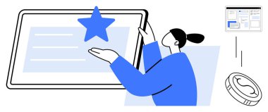 Kadın dokunmatik ekranla etkileşime girer. Dijital arayüz penceresi ve madeni parayı içerir. Teknoloji, yenilik, başarı, yaratıcılık, dijital pazarlama, kullanıcı arayüzü bağlantısı için ideal. A