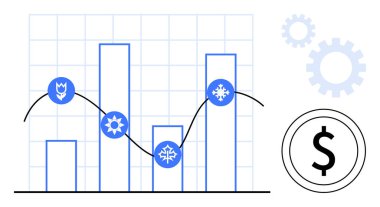 Mevsimlik simgelere sahip bar grafiği, çizgi çizelgesi izleme trendleri, dişli çarkları sembolize eden mekanizmalar ve finansal odaklanma için dolar işareti. Veri analizi, performans eğilimleri ve iş büyümesi için ideal