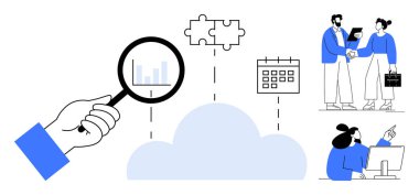 Büyüteç verileri analiz ediyor, bulmacalı bulut, takvim, profesyoneller el sıkışıyor, bilgisayar başında takım. Takım çalışması, bulut hesaplama, veri analizi, proje planlama iş büyümesi için ideal