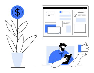 Büyümeyi sembolize eden para fabrikası, üretkenlik için gösterge paneli, tablet kullanan adam, tatmin için baş parmak ikonu. Finans, teknoloji, büyüme, üretkenlik, başarı dijital araçları kullanıcısı için ideal