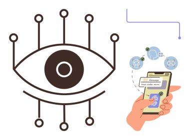 Nöro-stil çizgileri olan göz, teknoloji ve güvenliği simgeliyor, elle 2FA için telefon bağlantısı kuruyor. Siber güvenlik, veri koruması, geleceğin teknolojisi, çevrimiçi kimlik denetimi için ideal