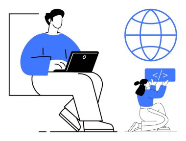 Dizüstü bilgisayar üzerinde çalışan bir kişi, küresel bir ikona sahip başka bir kodlama. Teknoloji, takım çalışması, uzaktan çalışma, programlama, küresel bağlantı, öğrenme platformları, basit iniş sayfası için ideal
