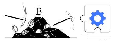 Üzerinde Bitcoin sembolü bulunan taşlardan maden madeni paraları topluyor, dişli yapboz parçasının yanında. Kripto para birimi, engelleme zinciri, madencilik, dijital para birimi, teknoloji, yenilik, basit düz metafor
