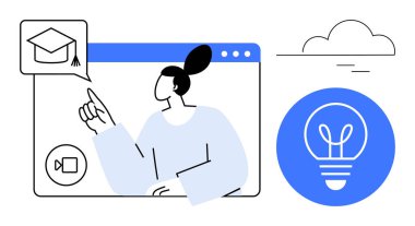 Dijital arayüzdeki mezuniyet şapkası ikonuna işaret eden bir kadın, fikirleri sembolize eden ampul ikonu. Eğitim, sanal öğrenme, yenilik, yaratıcılık, beyin fırtınası, strateji, basit