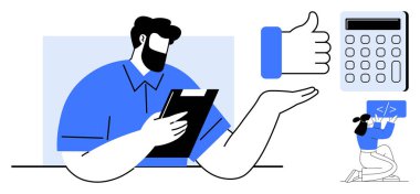 Elinde tablet tutan bir iş adamı, iyi niyetli bir jest, hesap makinesi ve kod yazan bir programcı. Üretkenlik, fintech, karar verme, iletişim, takım çalışması hedefi sade inişi izlemek için ideal