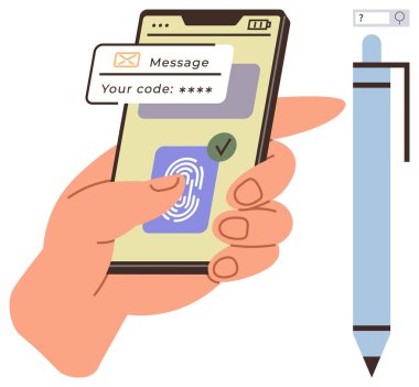 Akıllı telefon ile parmak izi tarama, doğrulama kodu alma. Mavi kalem yanında. Güvenlik, kimlik doğrulama, şifre, dijital erişim, teknoloji gizlilik teması için ideal. Basit düz