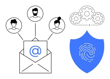 Kullanıcı profillerine bağlı bir zarf aç, parmak izli bir kalkan ve bulut dişlileri. Veri güvenliği, e-posta güvenliği, ağ koruması, kimlik denetimi, mahremiyet, iletişim için ideal