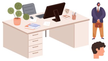 Ofis masasında bilgisayar, kırtasiye malzemeleri, kitaplar, bitki, kahve fincanı yanında da elinde çanta ve yüz profili olan bir işadamı var. Çalışma ortamı, üretkenlik, çalışma alanı, şirket kültürü için ideal