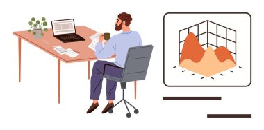 Masasında dizüstü bilgisayarı, kağıtları, kahve fincanı ve 3 boyutlu grafik çizelgesi olan bir adam oturuyor. Analiz, veri görselleştirme, iş, araştırma planlama verimliliği için ideal. Basit düz