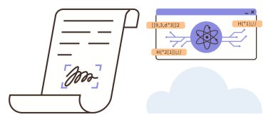 Scroll displaying signature, AI algorithm interface with atomic graphic, and cloud illustration. Ideal for AI integration, digital signature, futuristic technology, cloud storage, automation clipart svg vector 